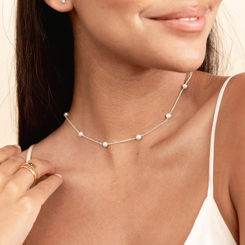 PRTGL Store Pearl Necklace: 14K Gold-Plated/White Gold-plated Pearl Necklace for Women 16.5” + 2” - Image 4